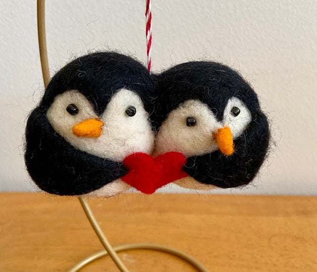 Double Heart Penguin Ornament