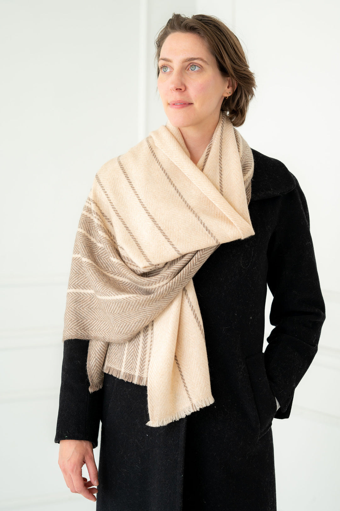 Thick and Plush Pure Cashmere Cream Tartan Scarf