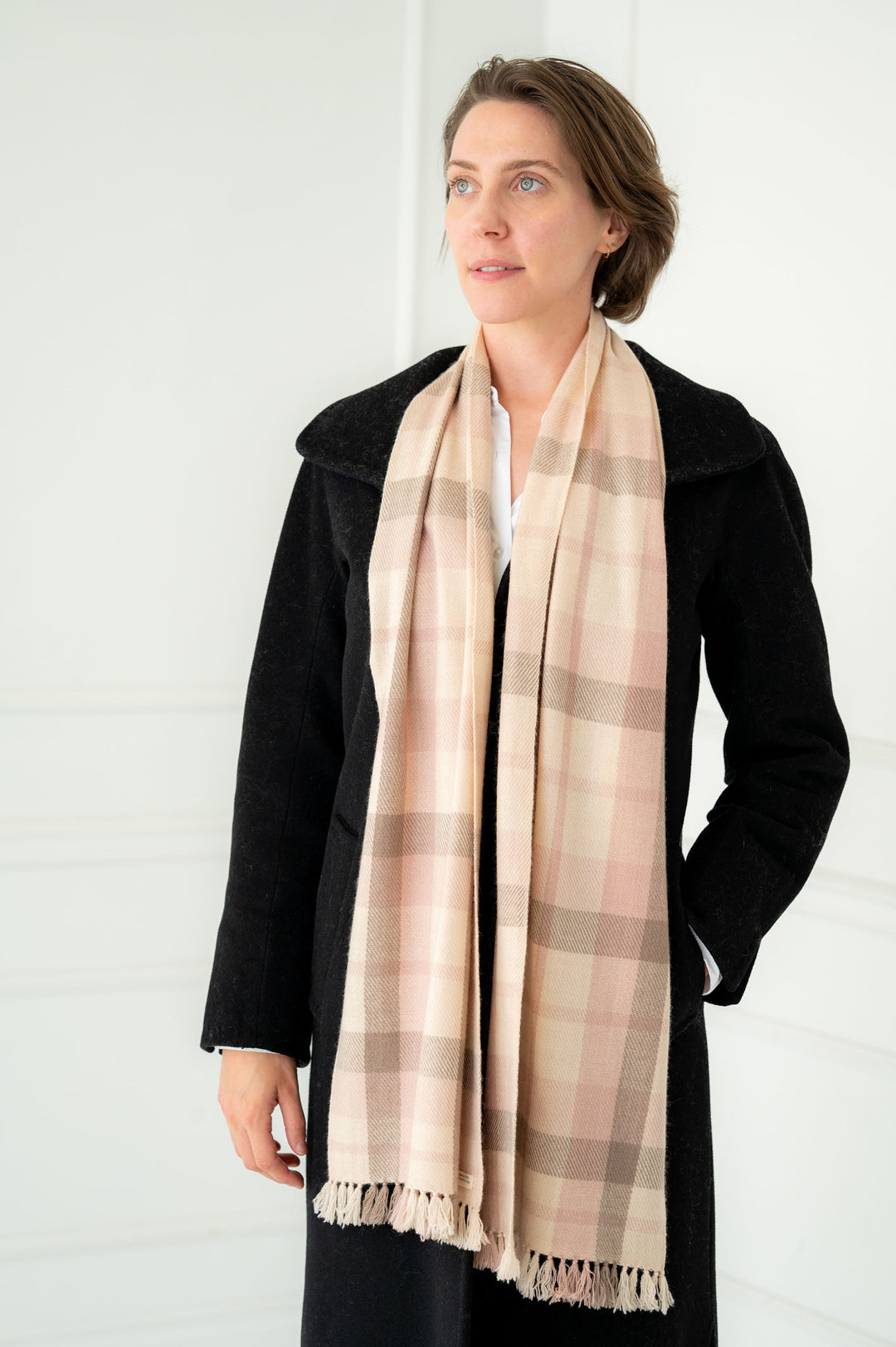 100% Cashmere Rose and Cream Tartan Neck Scarf