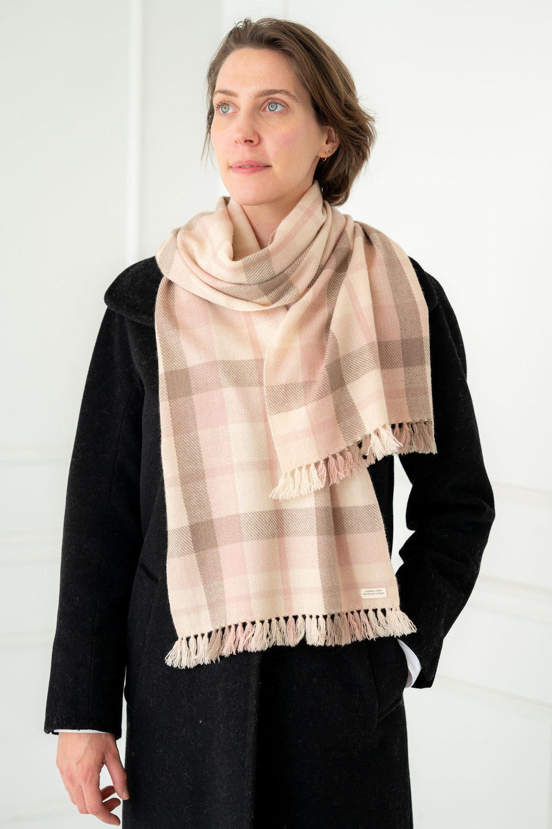 100% Cashmere Rose and Cream Tartan Neck Scarf