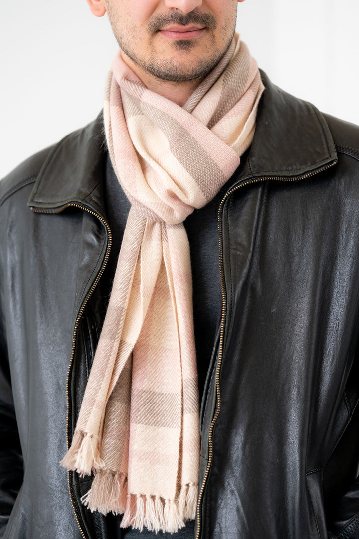 100% Cashmere Rose and Cream Tartan Neck Scarf