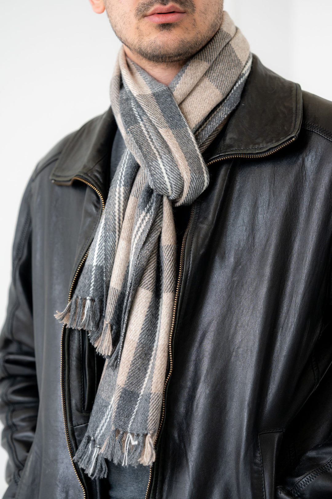 100% Cashmere Taupe and Grey Tartan Neck Scarf