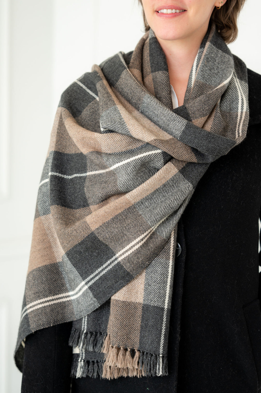 Thick and Plush Pure Cashmere Tartan Taupe and Grey Scarf