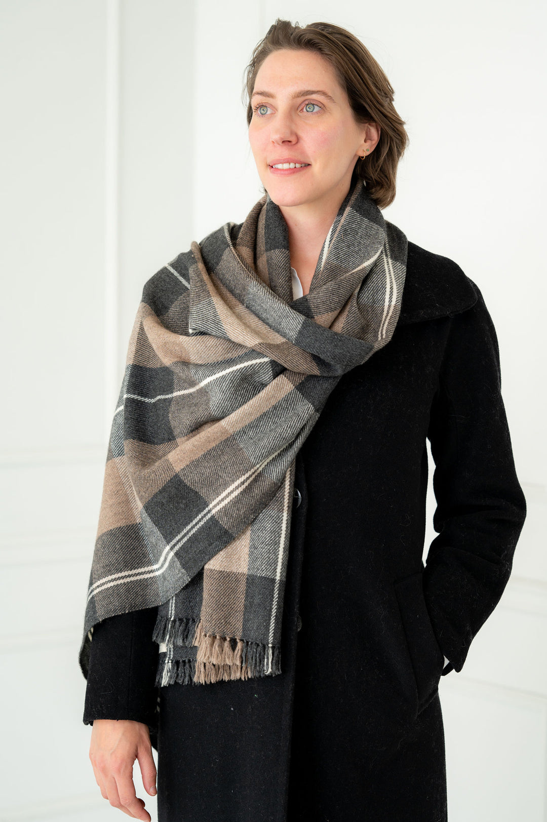 Thick and Plush Pure Cashmere Tartan Taupe and Grey Scarf