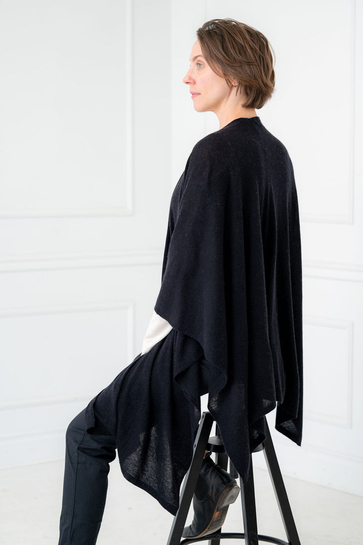 100% Cashmere Black Draped Long Wrap