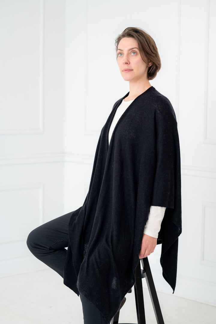 100% Cashmere Black Draped Long Wrap