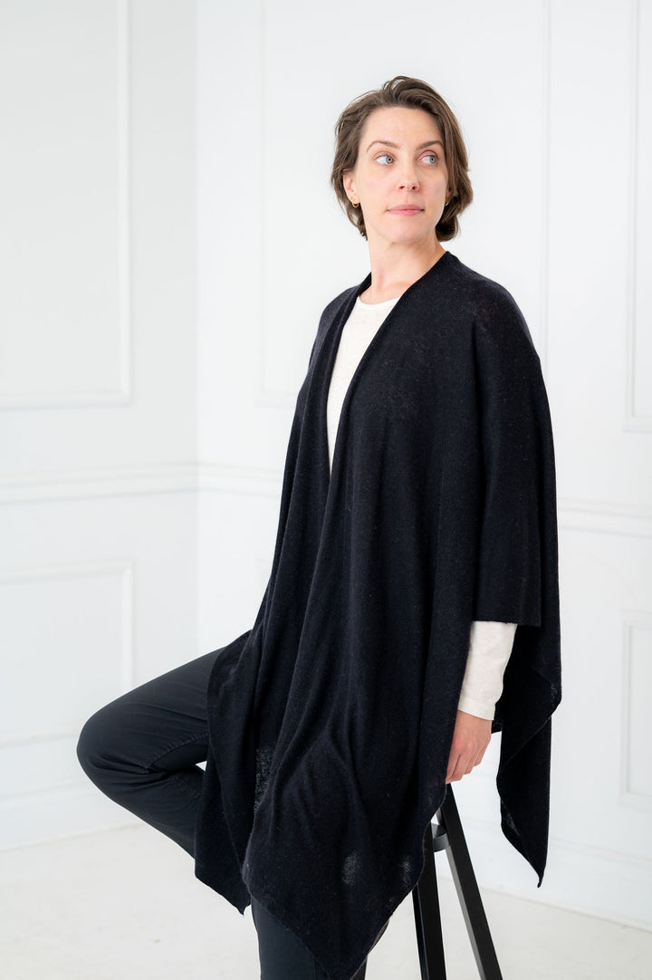 100% Cashmere Black Draped Long Wrap