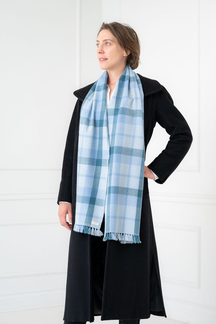 100% Cashmere Tartan Shades of Blue Muffler Scarf