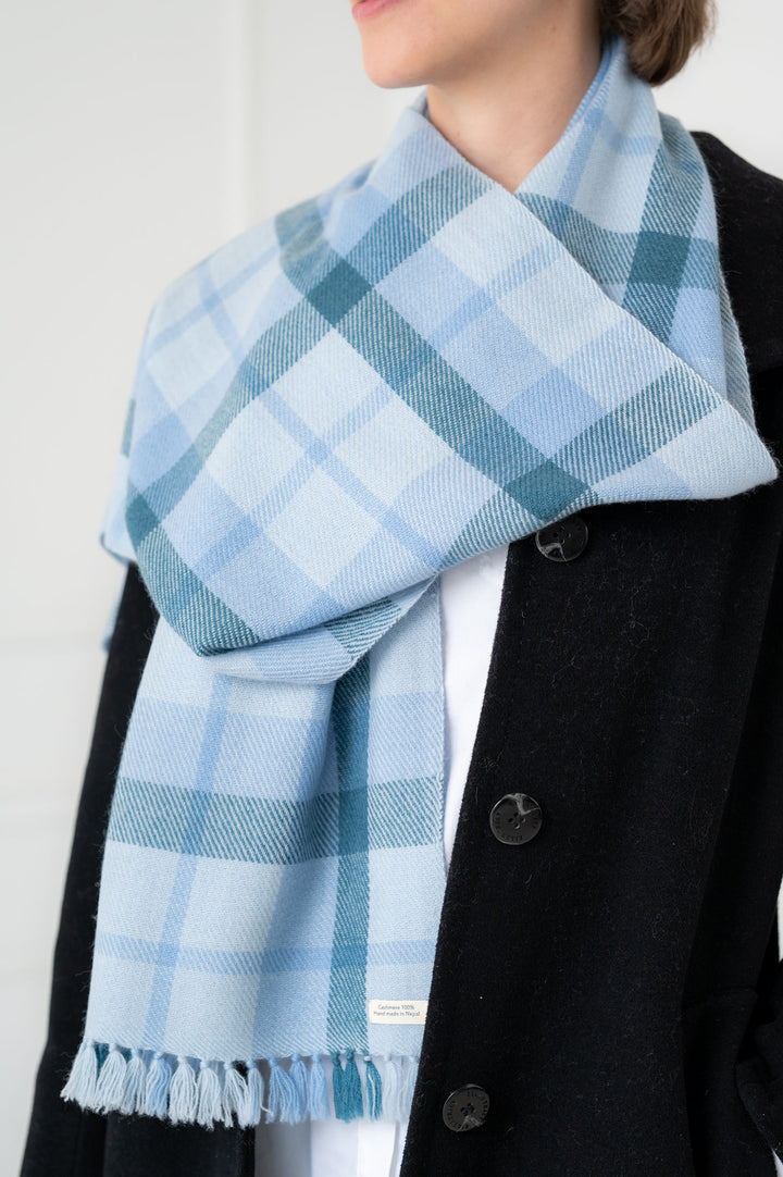 100% Cashmere Tartan Shades of Blue Muffler Scarf