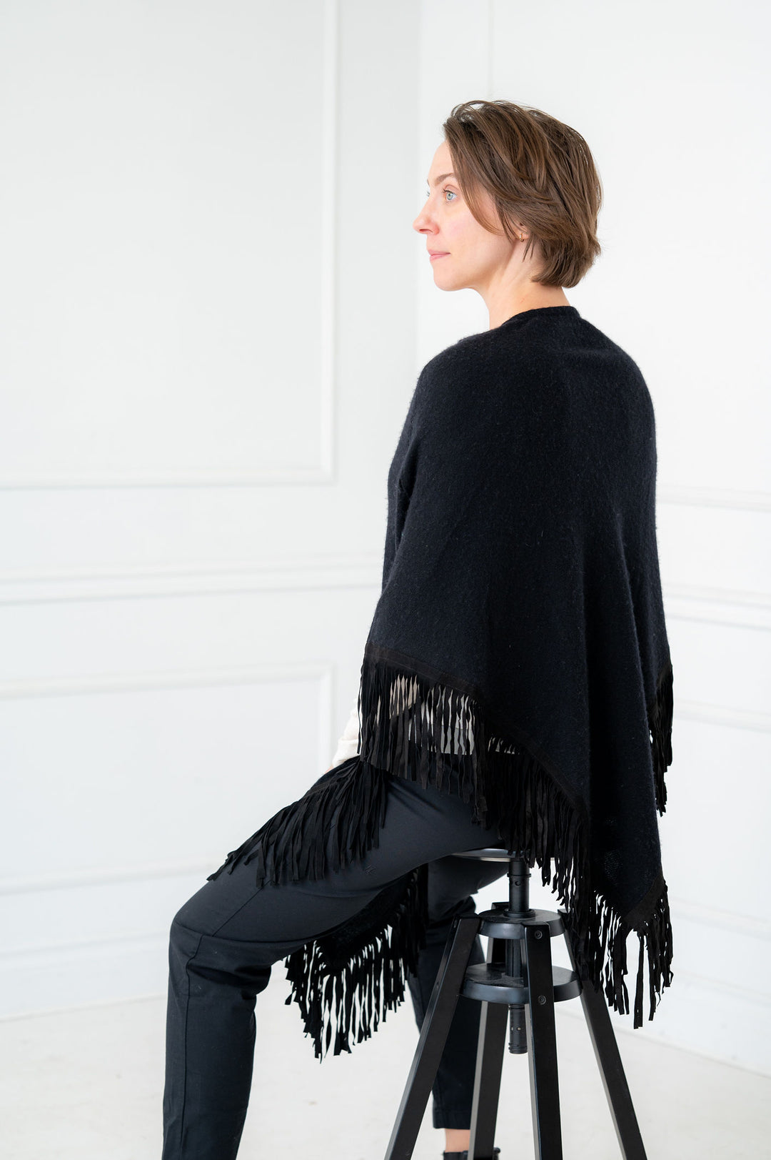 100% Cashmere Black Suede Fringe Poncho