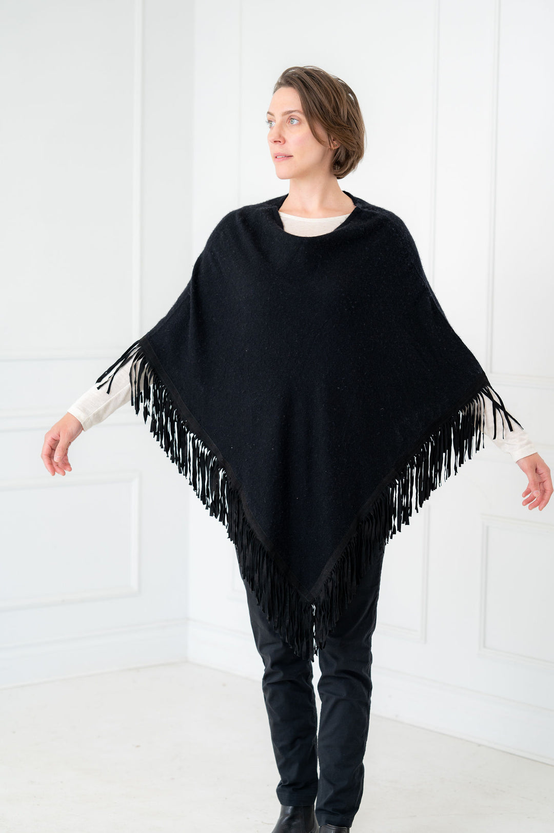 100% Cashmere Black Suede Fringe Poncho