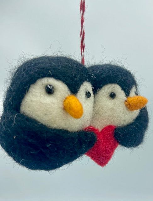 Double Heart Penguin Ornament