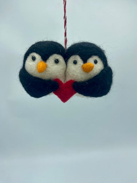 Double Heart Penguin Ornament