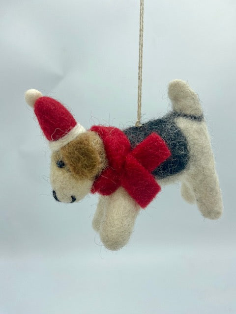 Dog with Red Holiday Hat Ornament