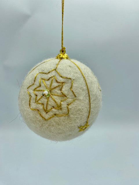 Gold Embroidered White Ball Ornament