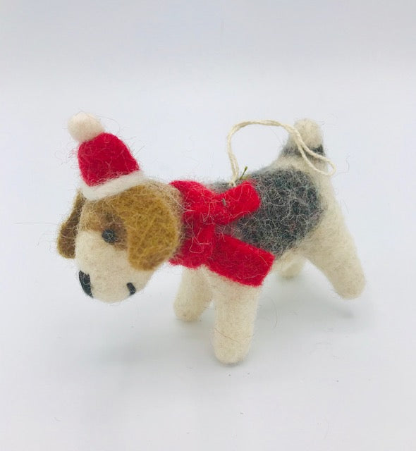 Dog with Red Holiday Hat Ornament