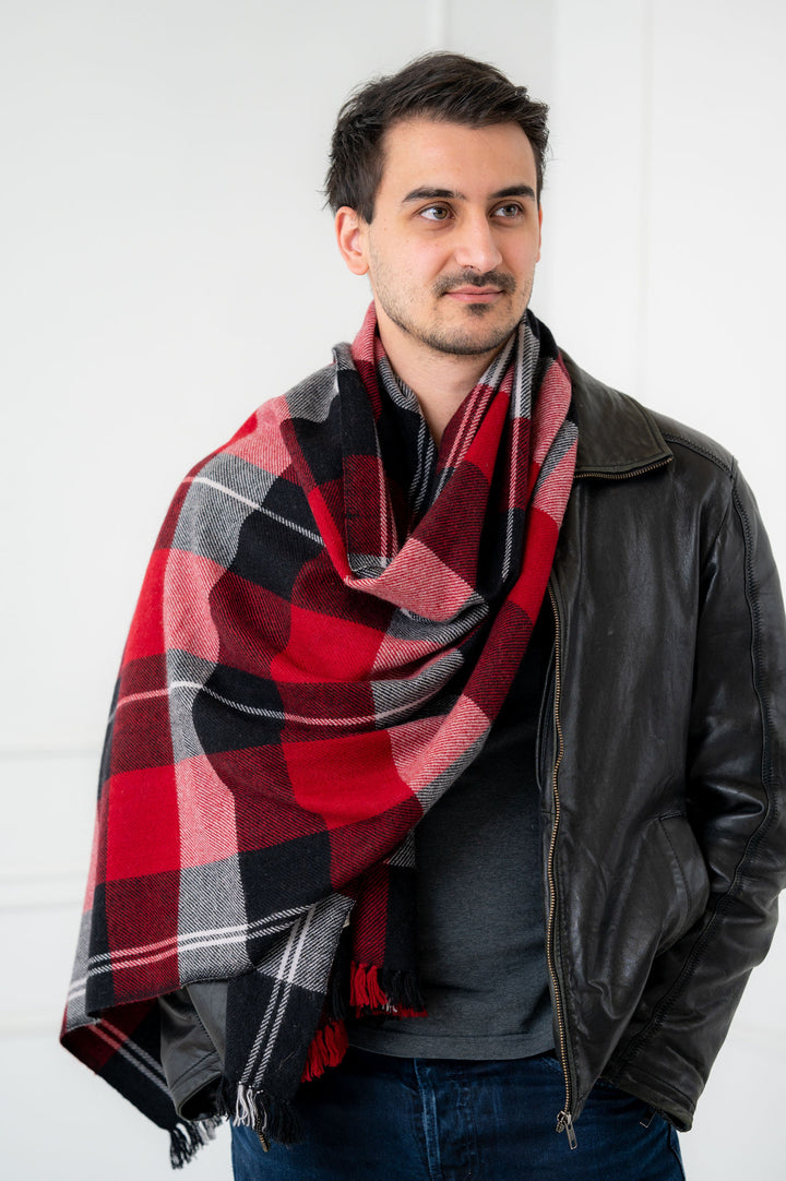 100% Cashmere Red and Black Tartan Neck Scarf