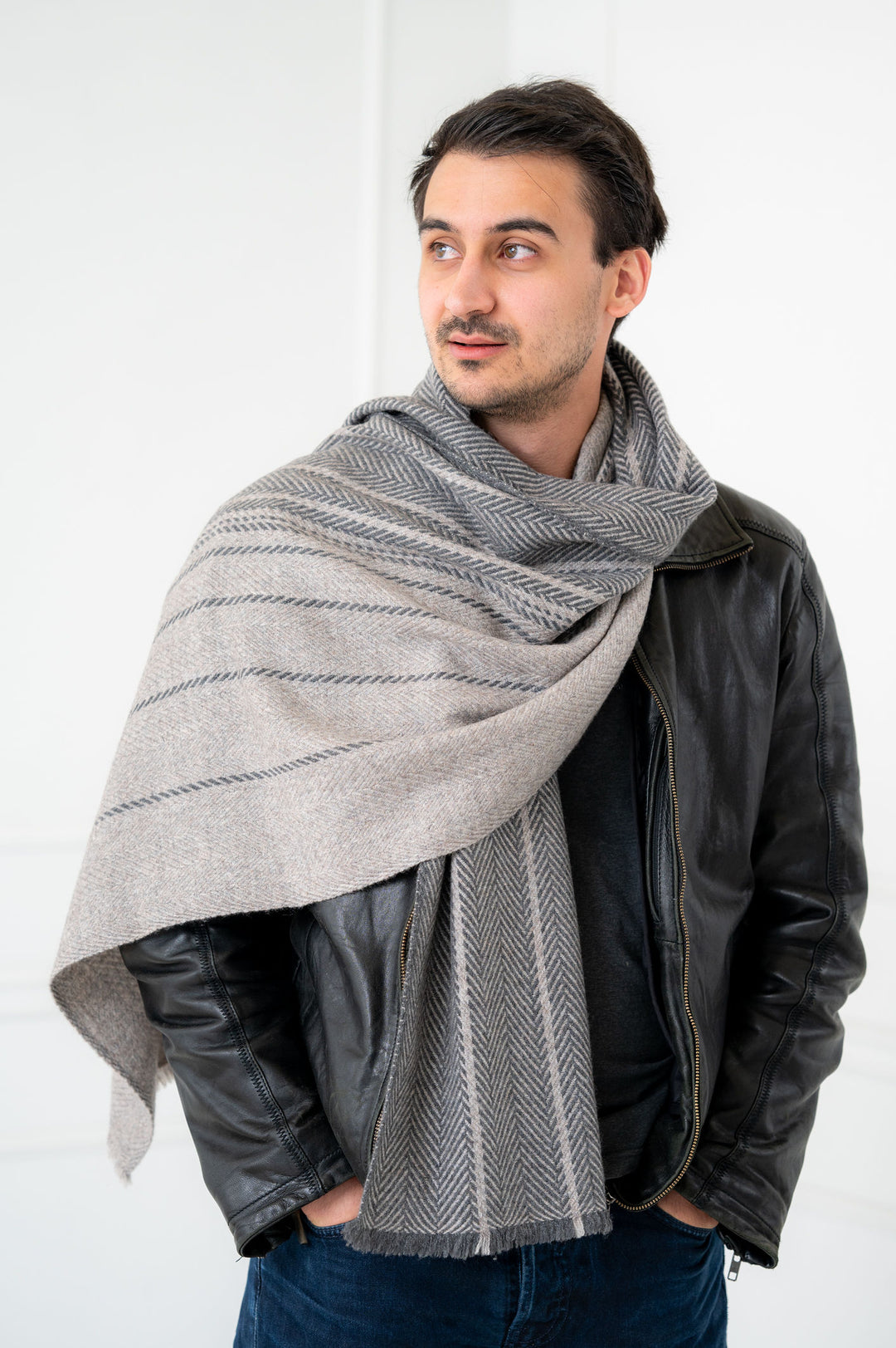 Thick and Plush Pure Cashmere Silver - Grey Tartan Scarf