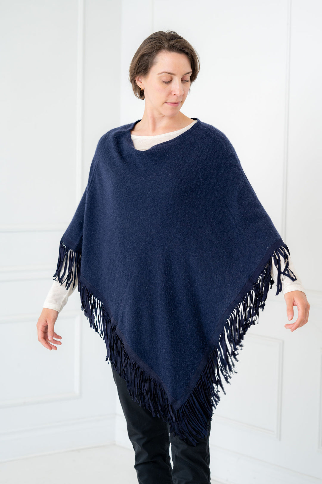 100% Cashmere Navy Blue Suede Fringe Poncho