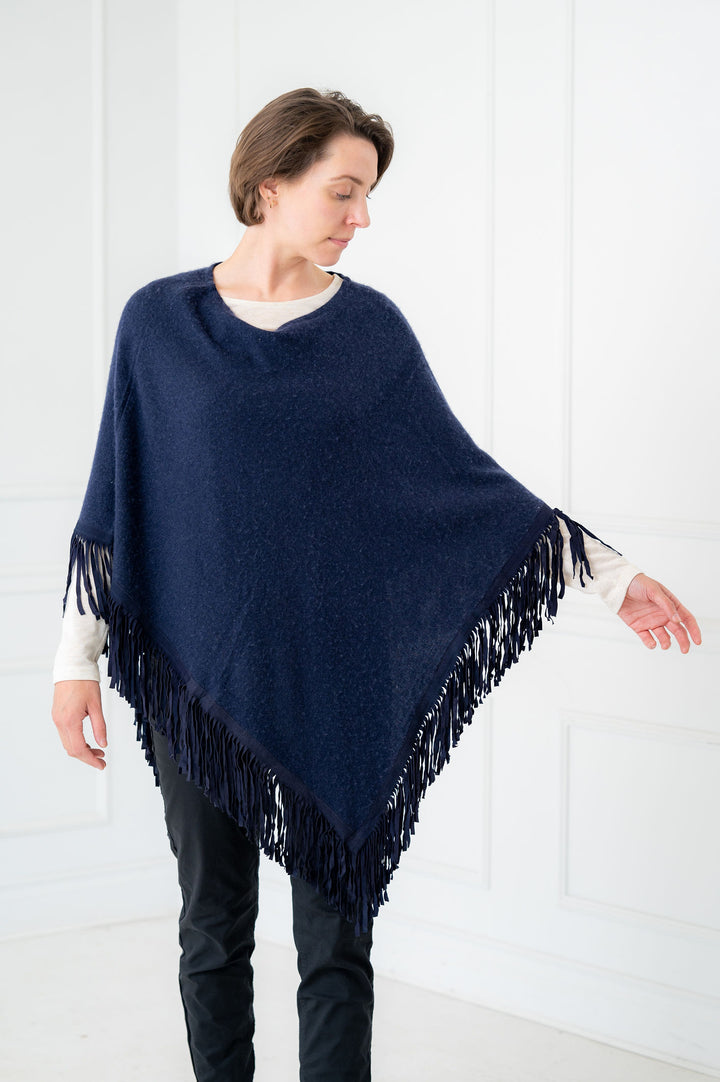 100% Cashmere Navy Blue Suede Fringe Poncho