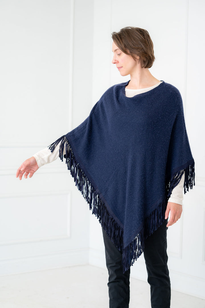 100% Cashmere Navy Blue Suede Fringe Poncho