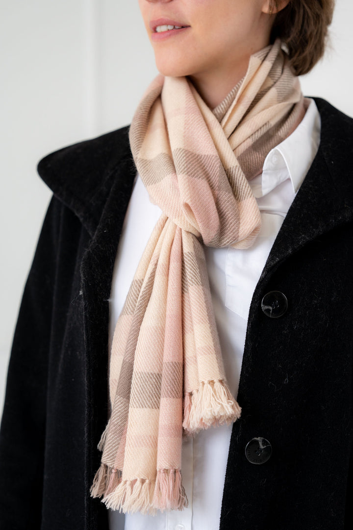 100% Cashmere Rose and Cream Tartan Neck Scarf