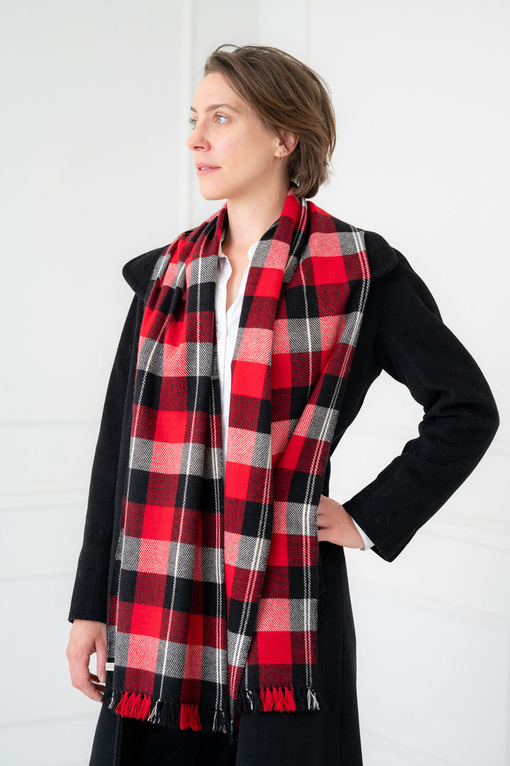 100% Cashmere Red and Black Tartan Neck Scarf