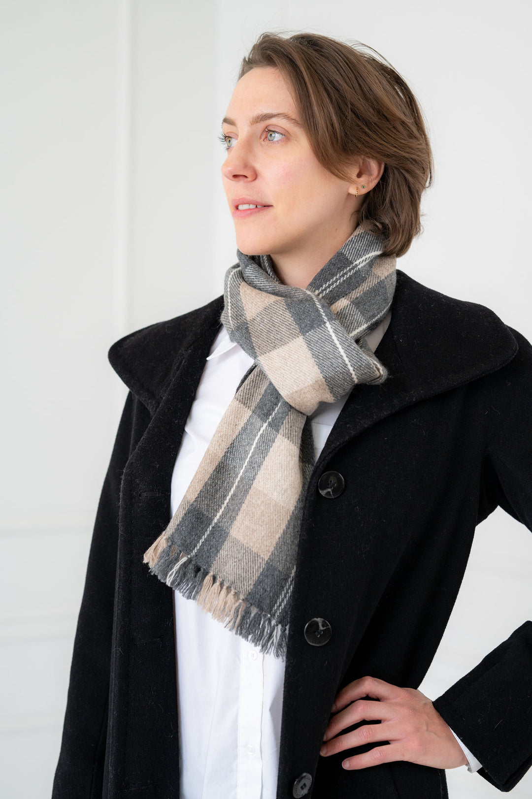 100% Cashmere Taupe and Grey Tartan Neck Scarf