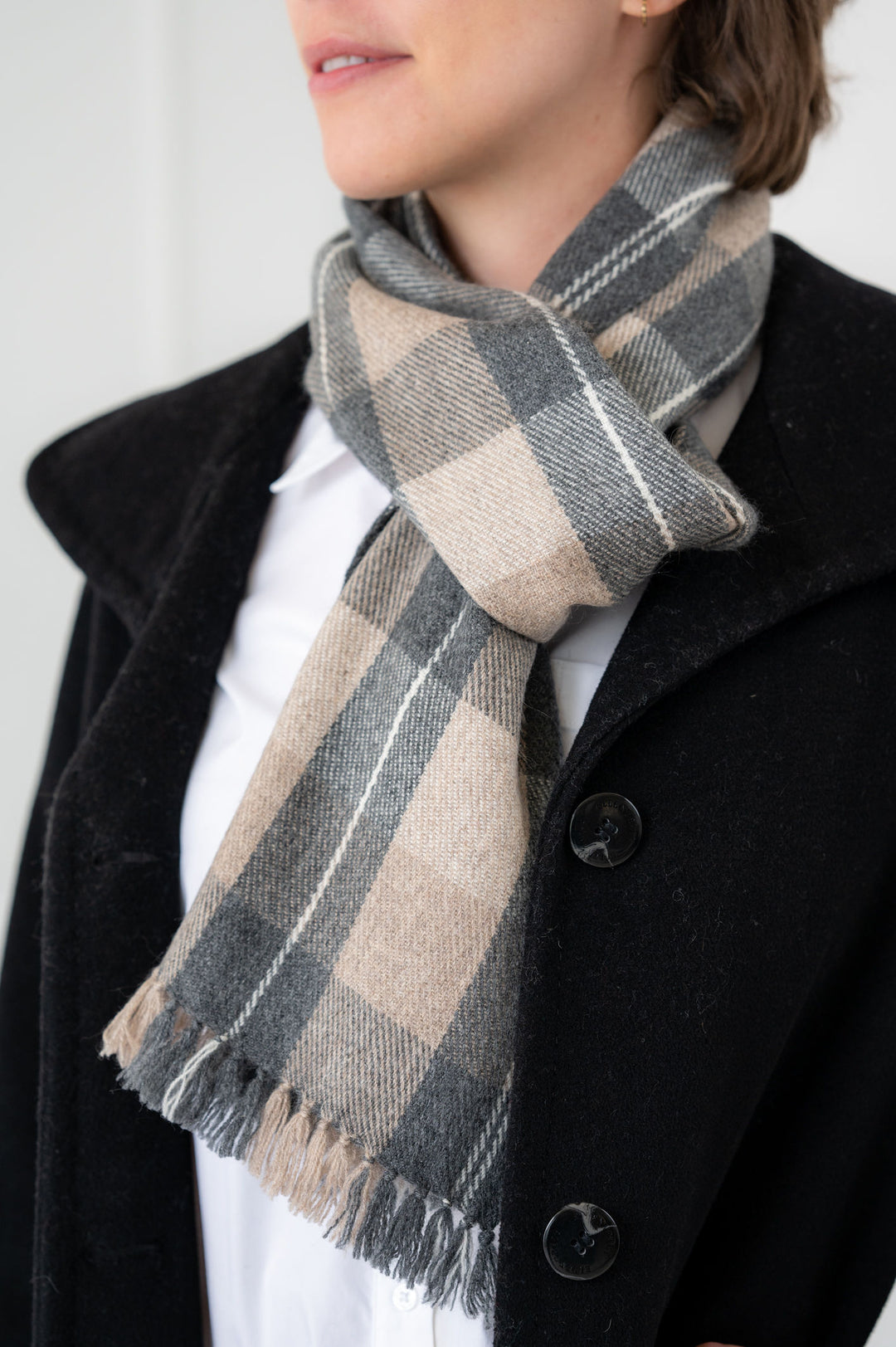 100% Cashmere Taupe and Grey Tartan Neck Scarf