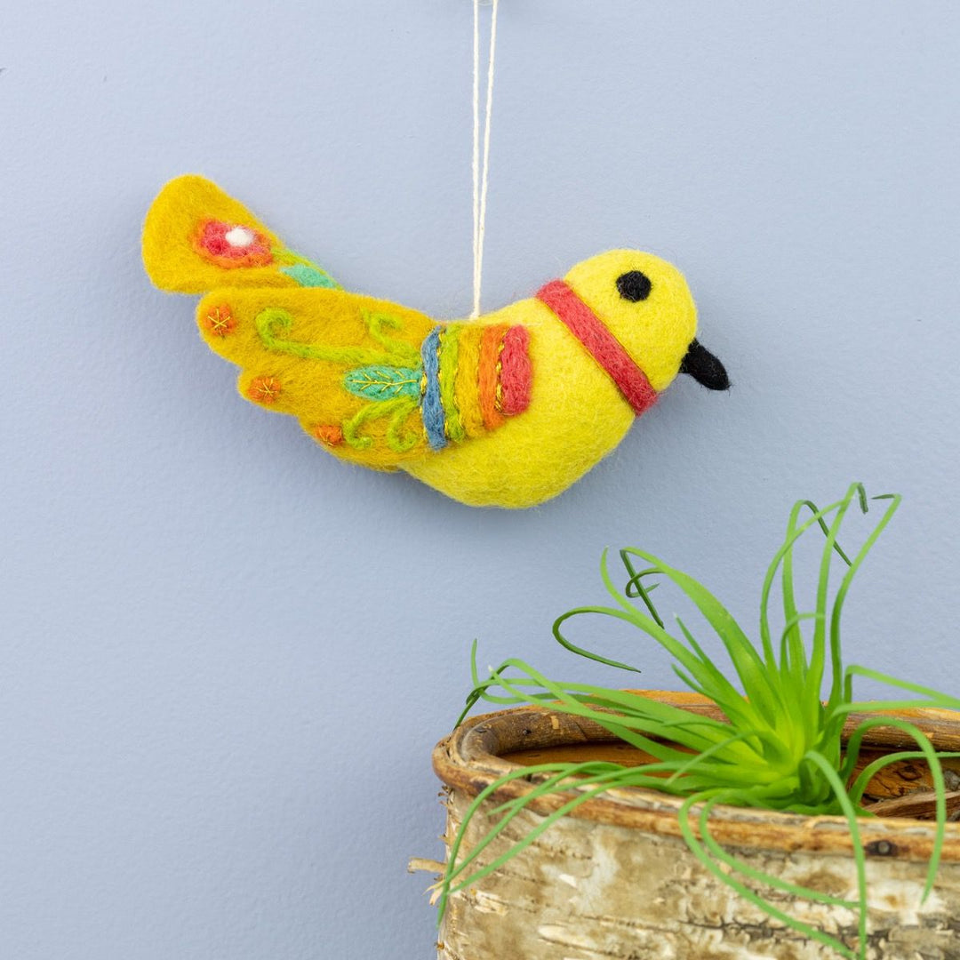 Yellow  Embroidered Bird Ornament