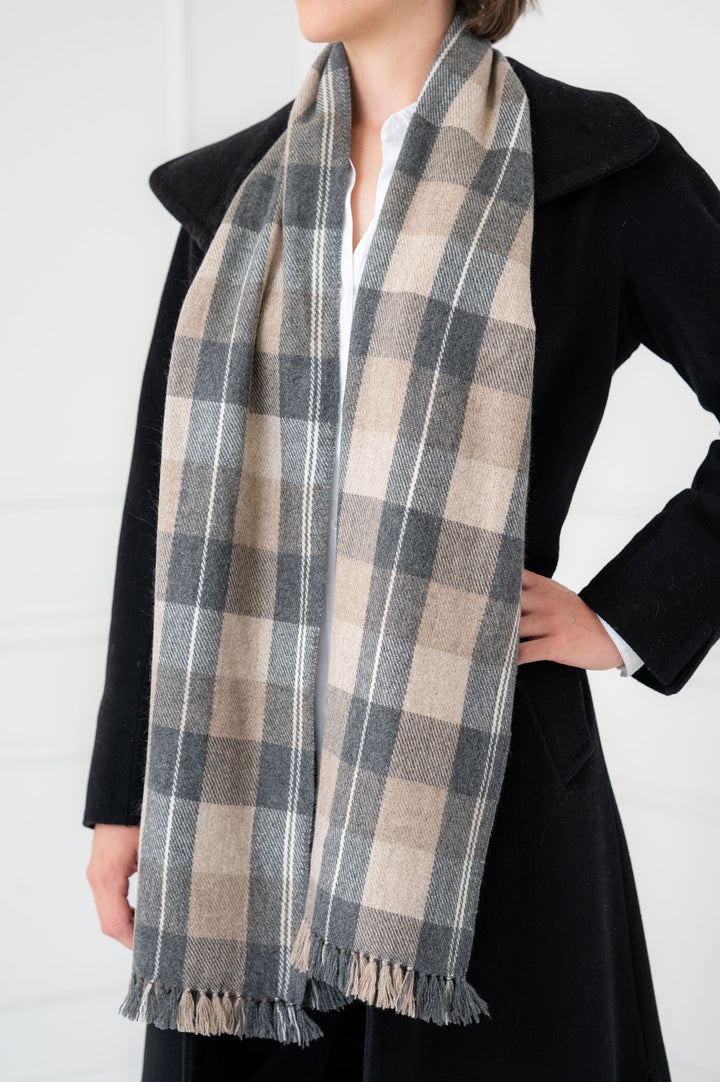 100% Cashmere Taupe and Grey Tartan Neck Scarf